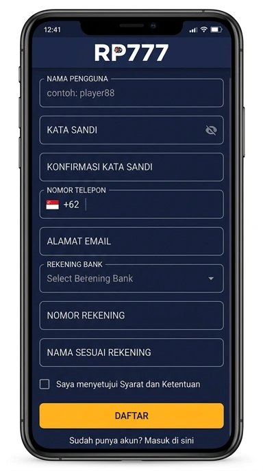 Tampilan halaman daftar rp777