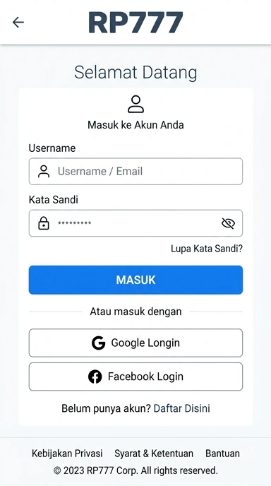 Tampilan halaman login rp777