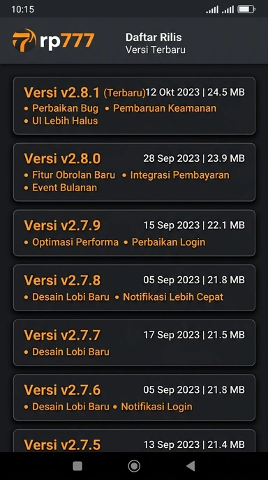 Tampilan riwayat versi rp777